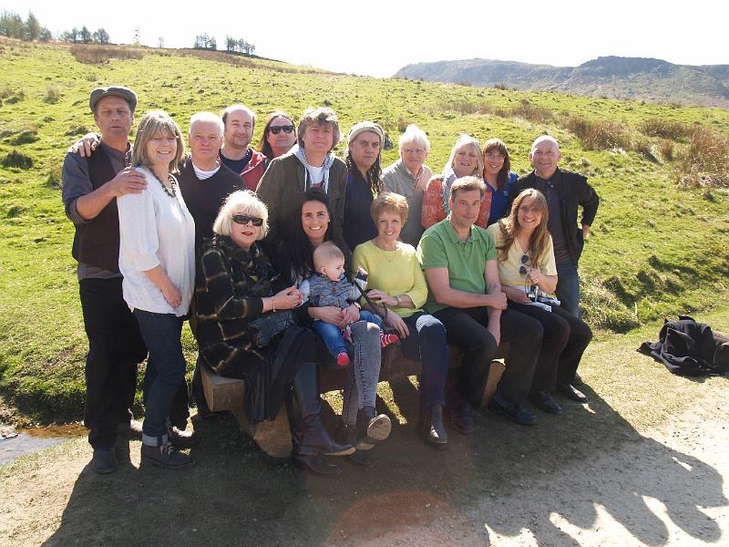 P4152296.JPG - Bench unveiling, 15th April, 2014 [back row, l-r: Kim and Lauren Turner, Graham Hopkinson, Sean Redmond, Kev Whitehead, Craig Fletcher, Steve Broomhead, John and Olwen Lees, Miriam from the RSPB, Ken Foulston. Front row, l-r: Sue Foulston, Kate and Rocco Kurpas, Pam Foulston, Keith and Monika Domone]